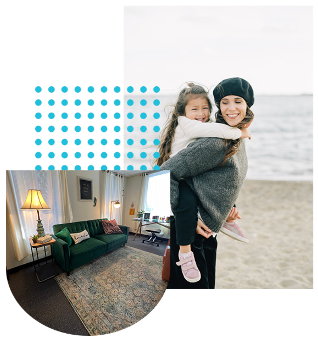 Comfortable therapy office and a mother carrying her daughter at the beach